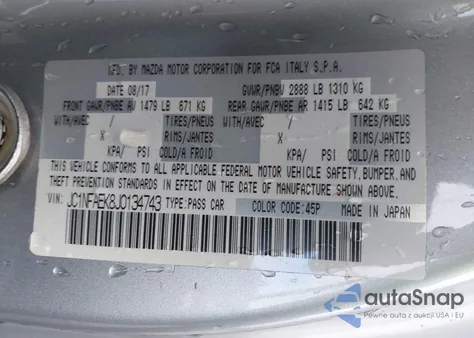 2018 Fiat 124 Spider Classica из США, поврежденный, VIN JC1NFAEK8J0134743